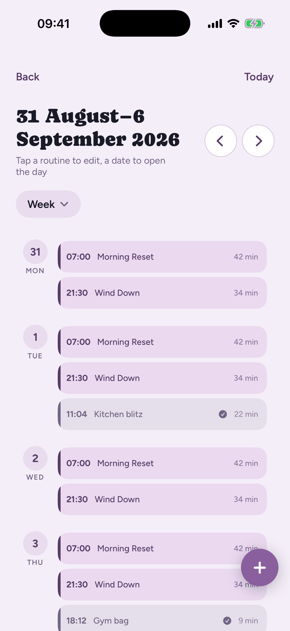 Loopily's week calendar view, showing routines scheduled across the week