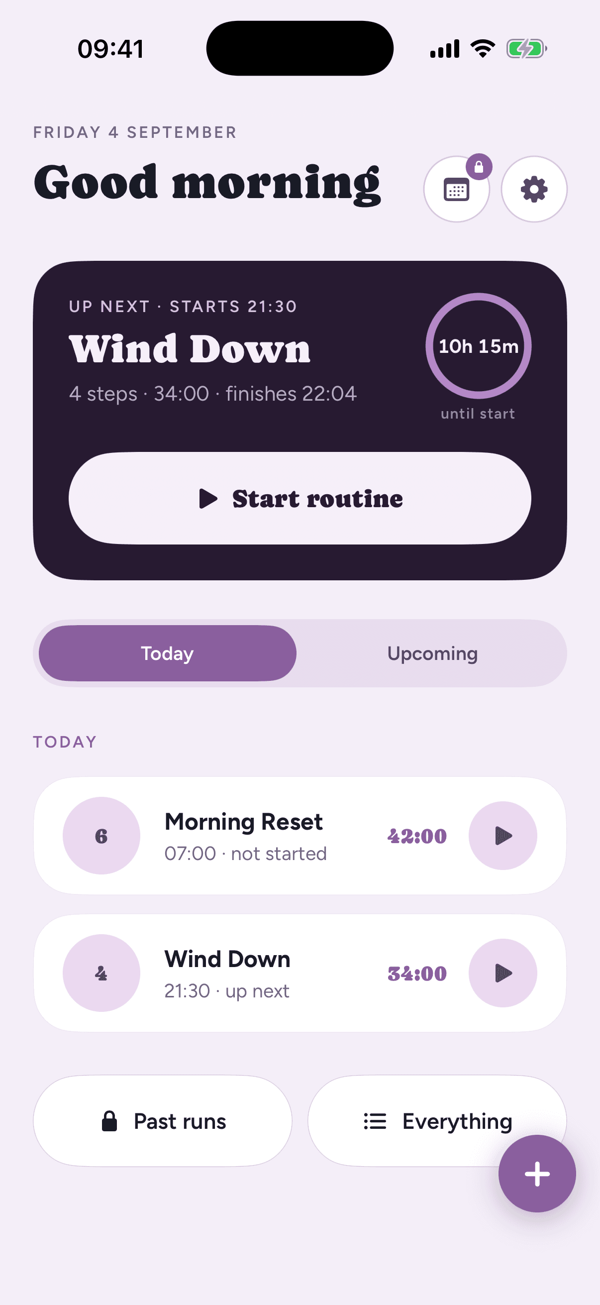 Loopily's Home screen, showing the next routine up and today's list of routines